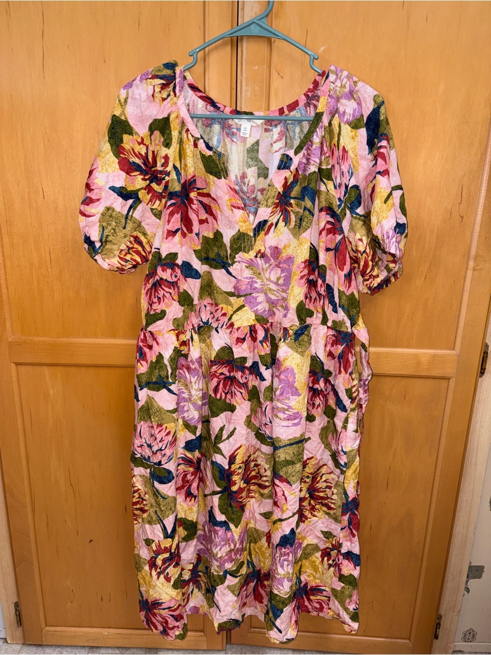 Terra & Sky Women’s 1X Floral Puff Sleeve Midi Dress Boho CottageCore Rayon EUC